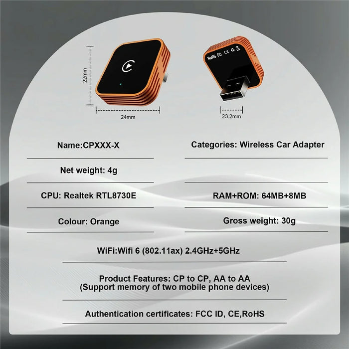 CP030-3 2 in 1 Wireless CarPlay Android Auto Adapter Plug and Play Car AI Box for iPhone Android - Orange - 6