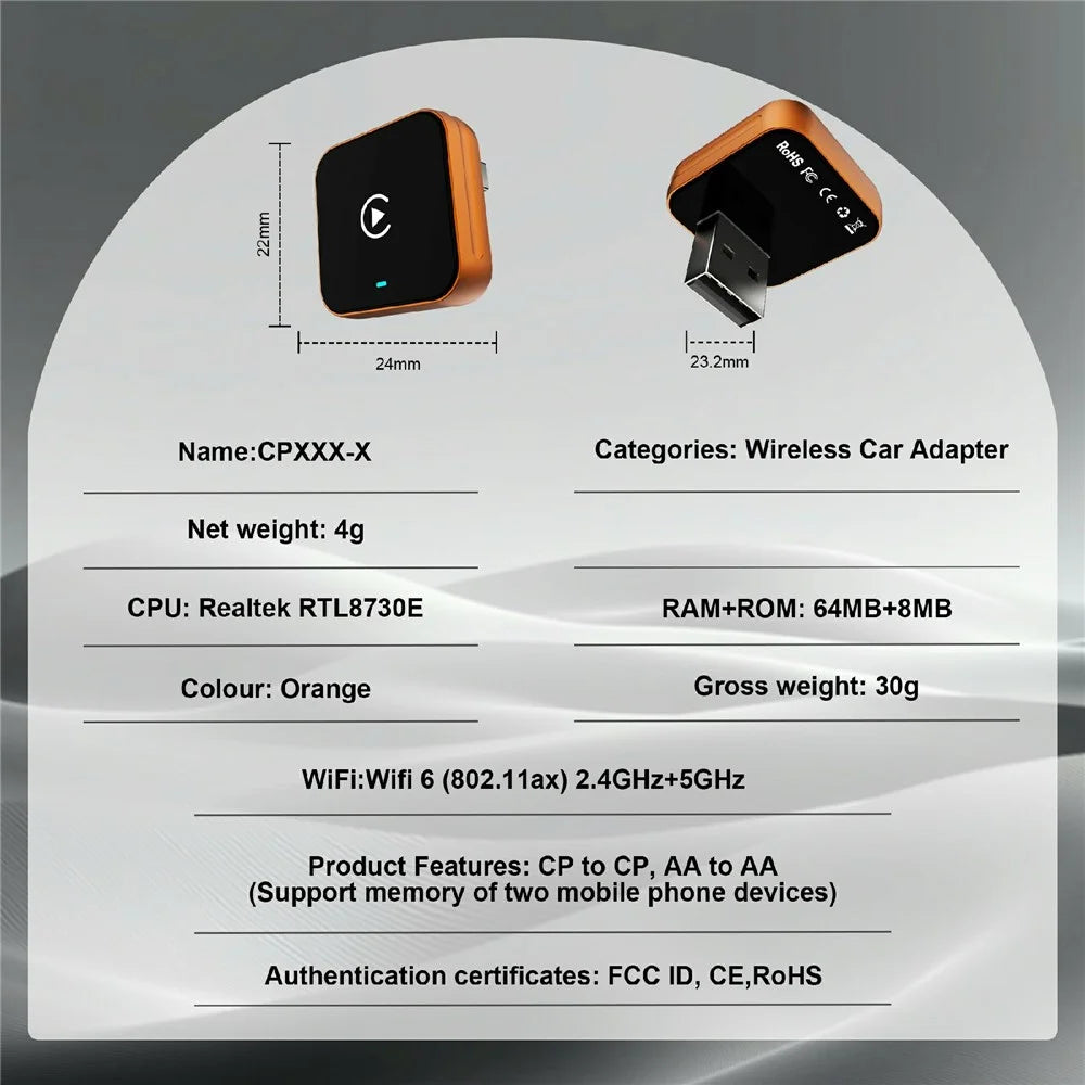 CP030-4 2 in 1 AI Box Wireless CarPlay Android Auto Adapter WiFi 6 Dual Band USB Dongle - Orange - 5