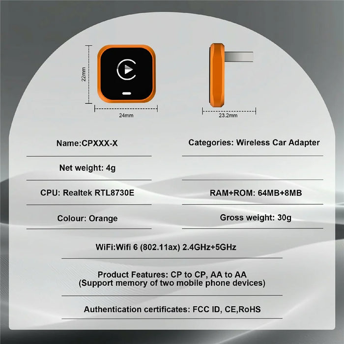 CP030-5 2 in 1 Wireless CarPlay Android Auto Adapter WiFi 6 Dual Band USB Dongle Car AI Box - Orange - 7