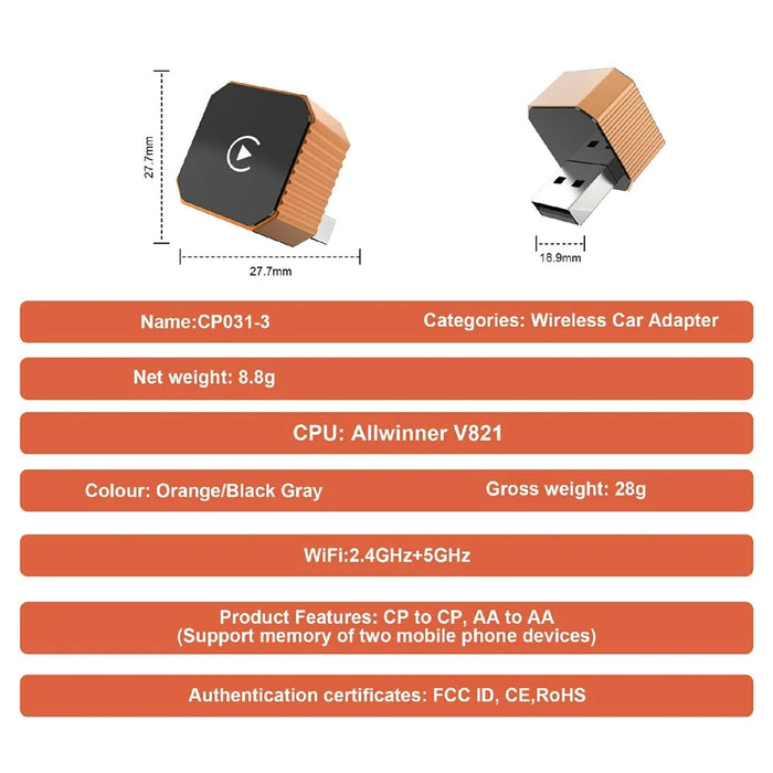 CP031-3 2 in 1 Wireless CarPlay Android Auto Adapter Plug and Play USB Dongle AI Box for Car - Orange - 6
