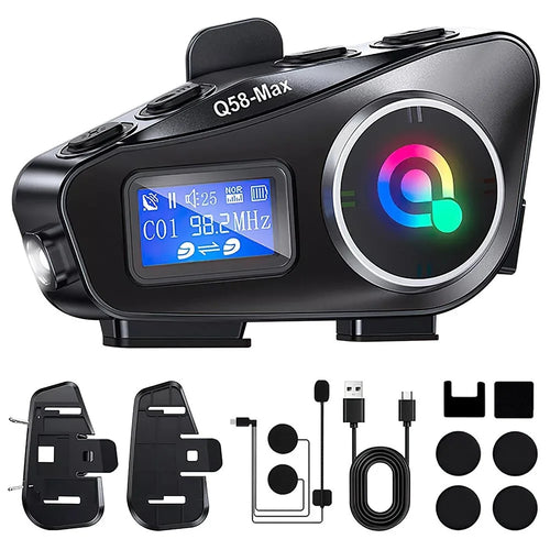 Q58Max 500m Range Motorcycle Helmet Bluetooth-compatible Intercom Headset FM Radio with LED Light, Hard Mic - 1