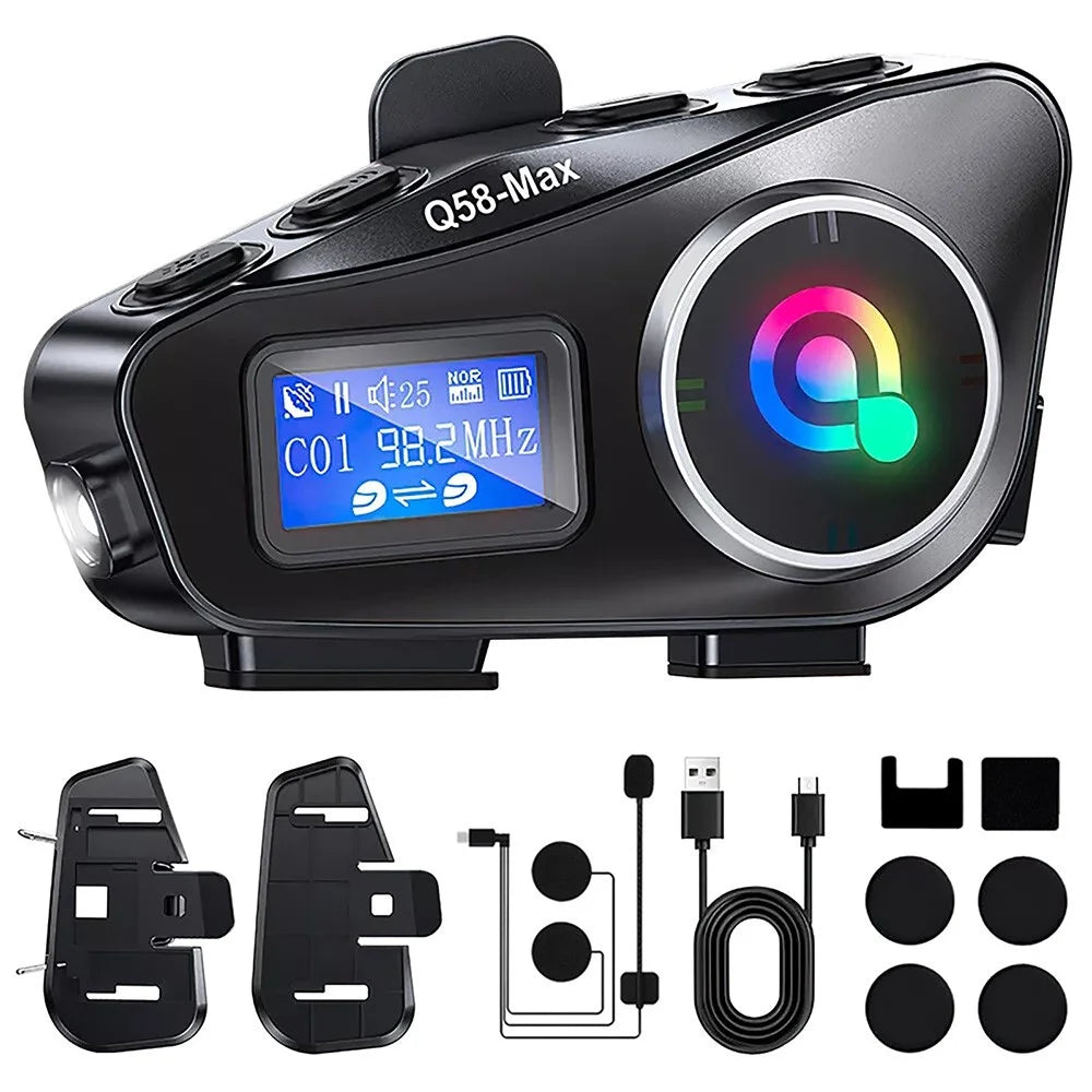 Q58Max 500m Range Motorcycle Helmet Bluetooth-compatible Intercom Headset FM Radio with LED Light, Hard Mic - 1