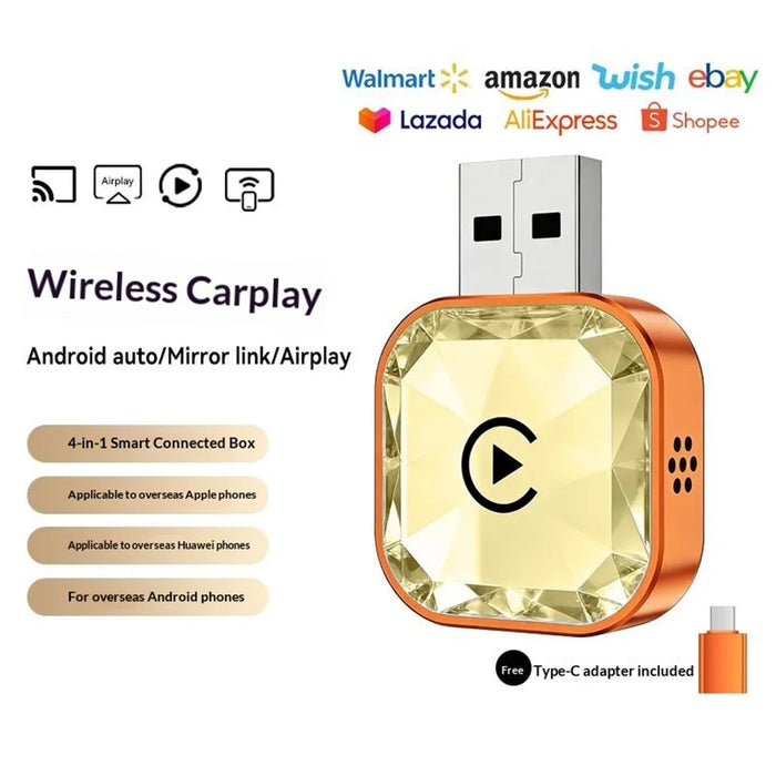 Q1AS 4 in 1 Diamond Cut Wireless CarPlay Adapter Wired to Wireless Android Auto AirPlay Mirror Link USB Dongle - Orange+Gold - 5