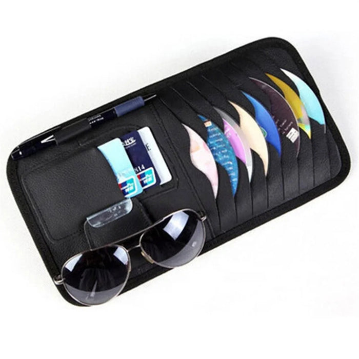 Car Sun Visor Multifunctional Card Organizer PU Leather CD Storage Case Sunglasses Clip Pen Holder - Black - 1