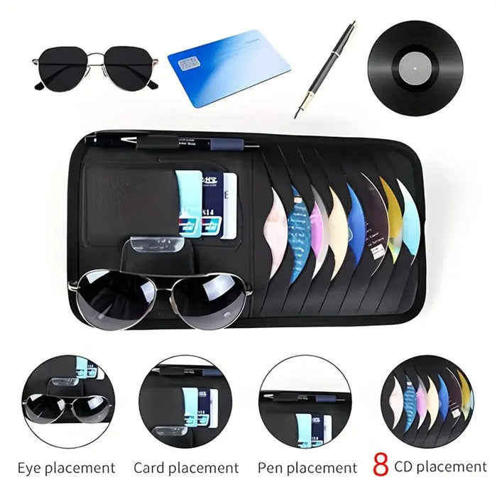 Car Sun Visor Multifunctional Card Organizer PU Leather CD Storage Case Sunglasses Clip Pen Holder - Black - 2