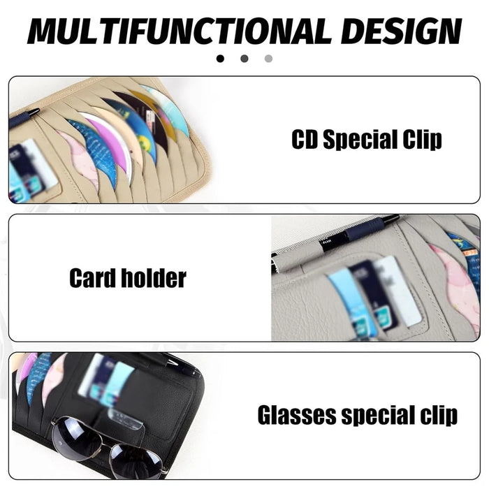Car Sun Visor Multifunctional Card Organizer PU Leather CD Storage Case Sunglasses Clip Pen Holder - Black - 3
