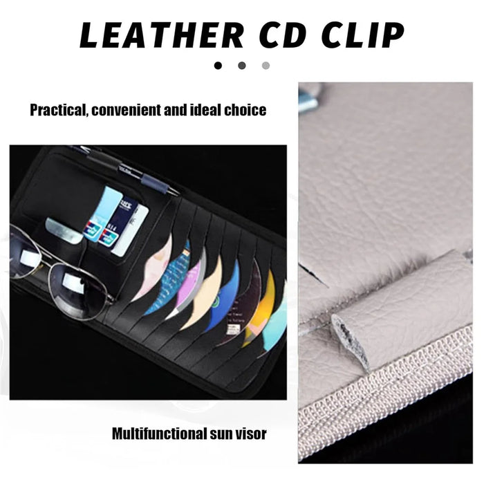 Car Sun Visor Multifunctional Card Organizer PU Leather CD Storage Case Sunglasses Clip Pen Holder - Black - 4