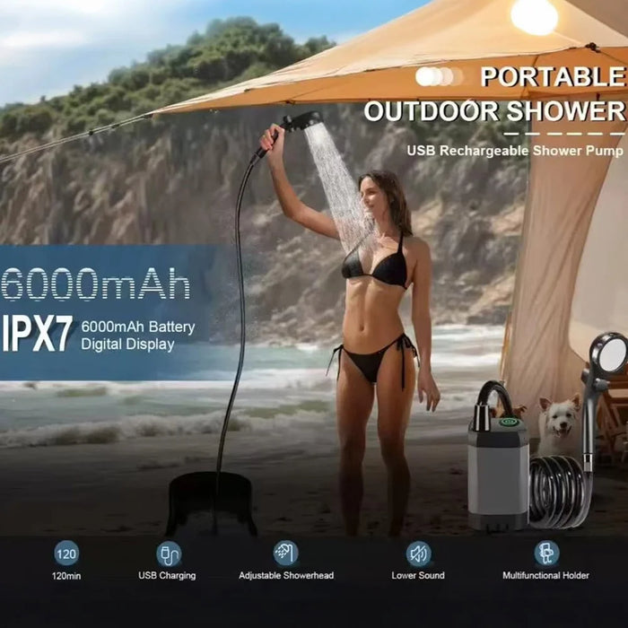 Portable Electric Shower Pump Built-in 6000mAh Battery IPX7 Waterproof 4 Modes Camping Bathing Set - Grey - 6