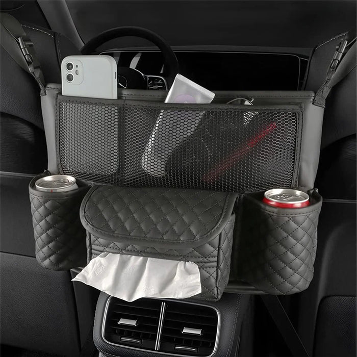 Car Seat Back Organizer PU Leather Multi-Pocket Storage Bag with Cup Holders for Vehicle Interior - Black - 2