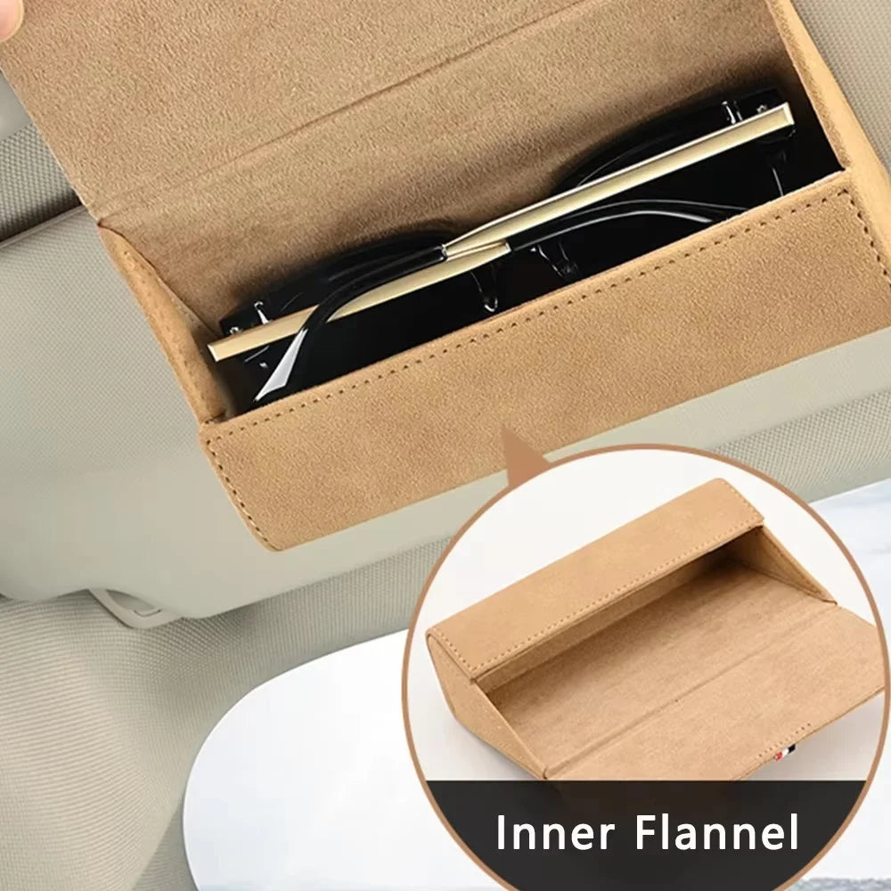Large Size Car Sun Visor Organizer Box Suede Clip-on Magnetic Eyeglasses Case Card Holder - Beige - 3