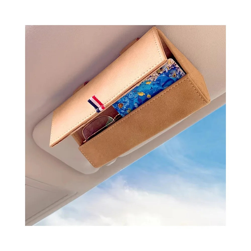 Large Size Car Sun Visor Organizer Box Suede Clip-on Magnetic Eyeglasses Case Card Holder - Beige - 4