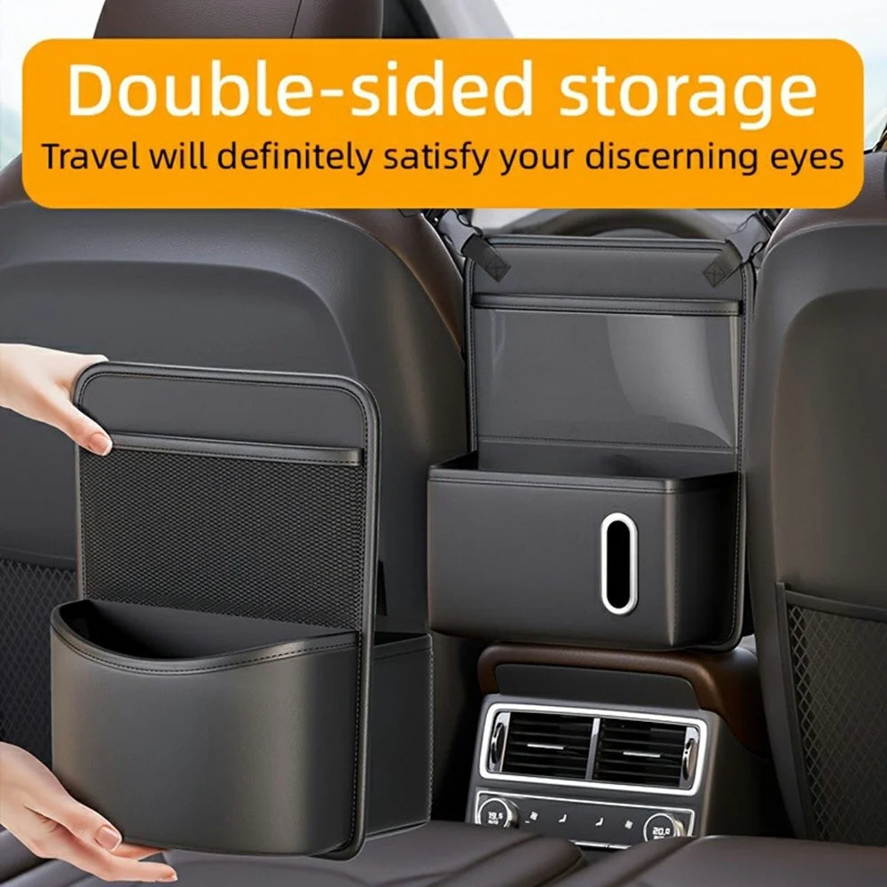 Transparent Touch Window Car Seat Back Organizer Bag PU Leather Multi-Pocket Hanging Bag with Tissue Holder - Black - 3