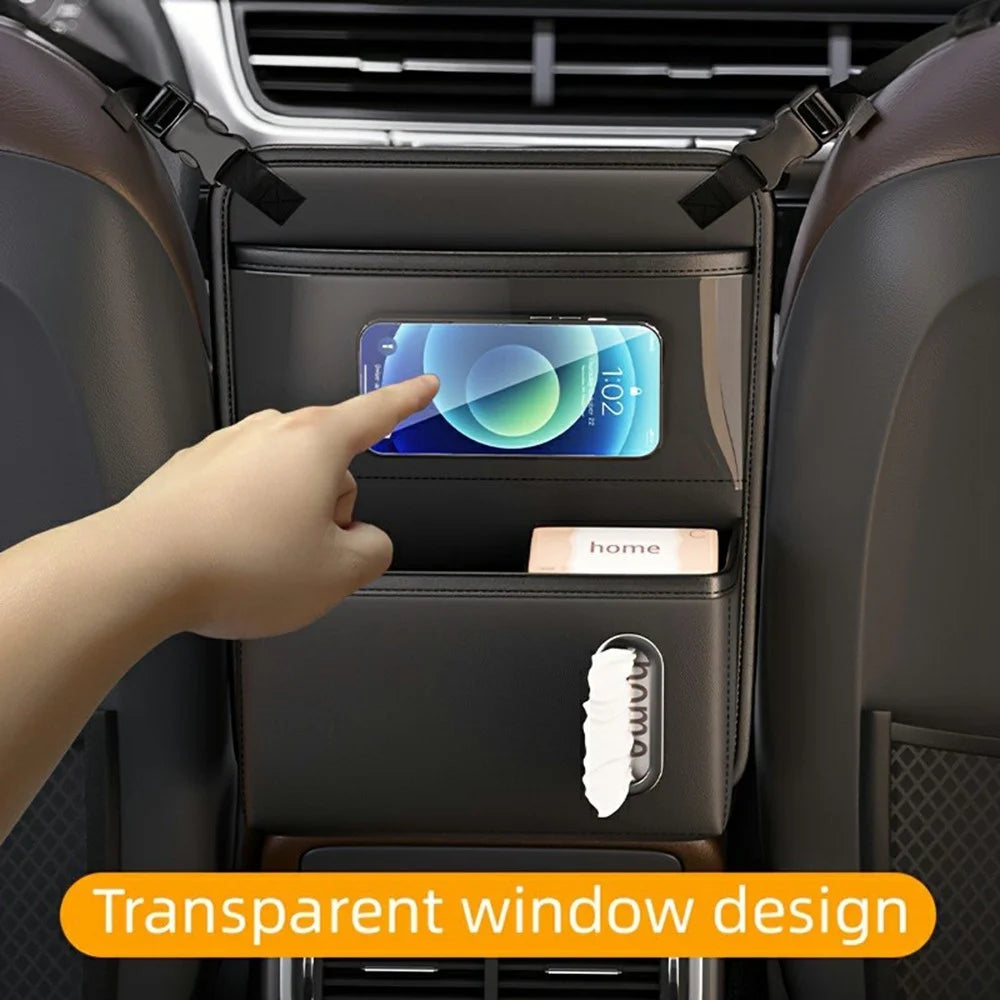 Transparent Touch Window Car Seat Back Organizer Bag PU Leather Multi-Pocket Hanging Bag with Tissue Holder - Black - 4