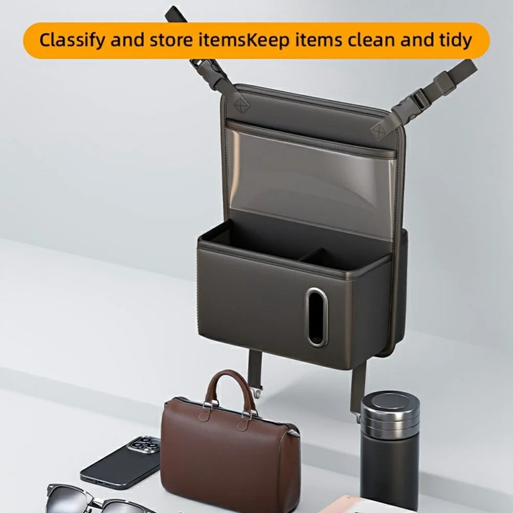 Transparent Touch Window Car Seat Back Organizer Bag PU Leather Multi-Pocket Hanging Bag with Tissue Holder - Black - 5
