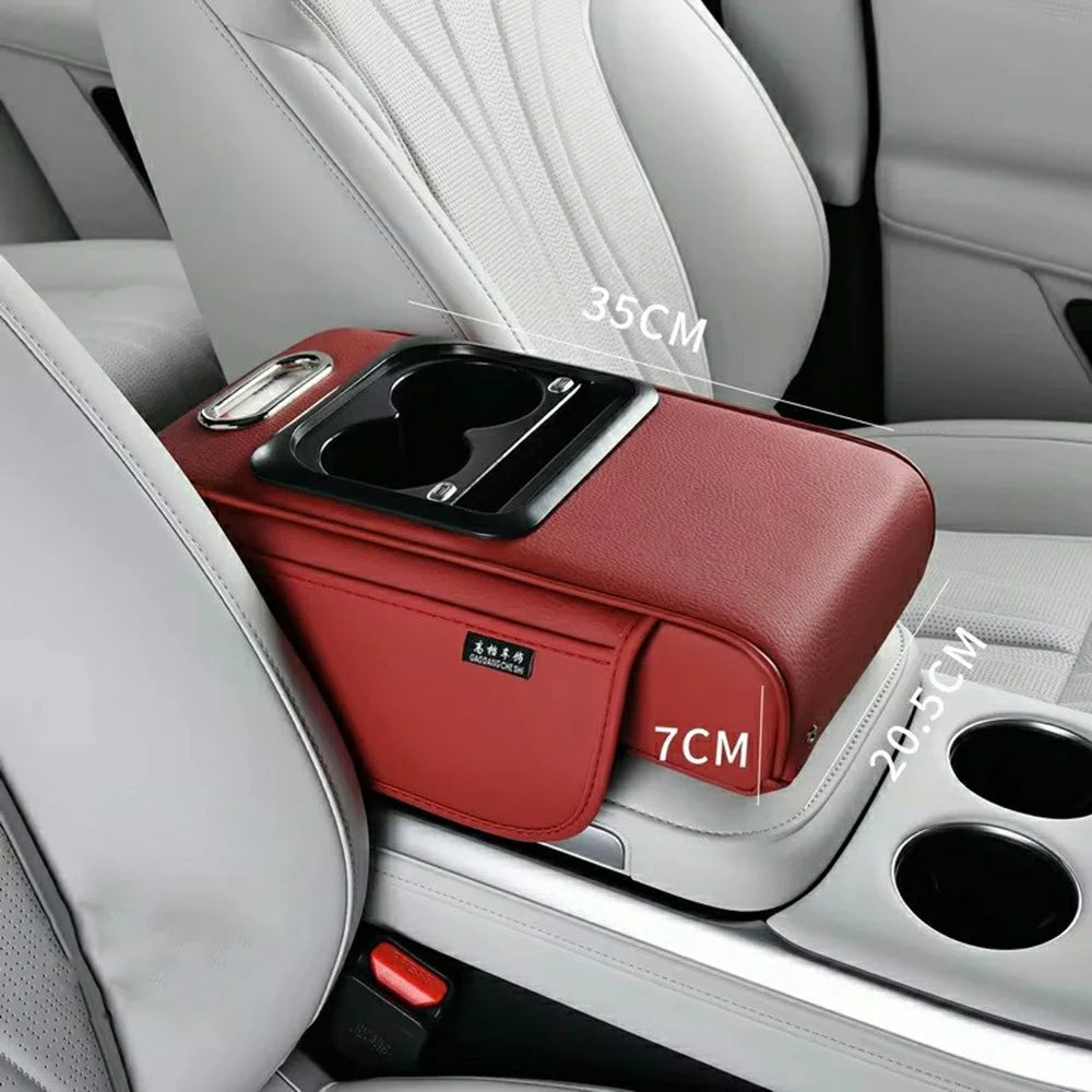 PU Leather Car Center Console Armrest Pad Heightened Cushion with Cup Holder and Charging Port - Red - 1