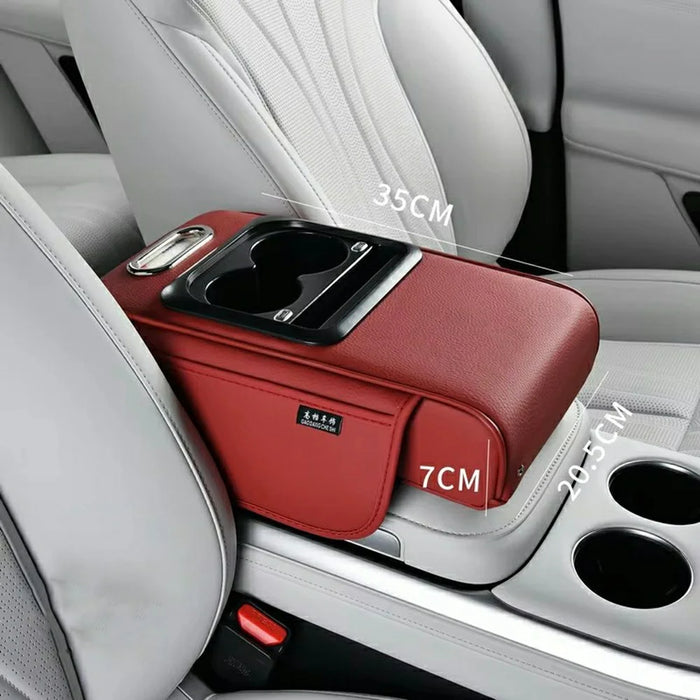 PU Leather Car Center Console Armrest Pad Heightened Cushion with Cup Holder and Charging Port - Red - 1