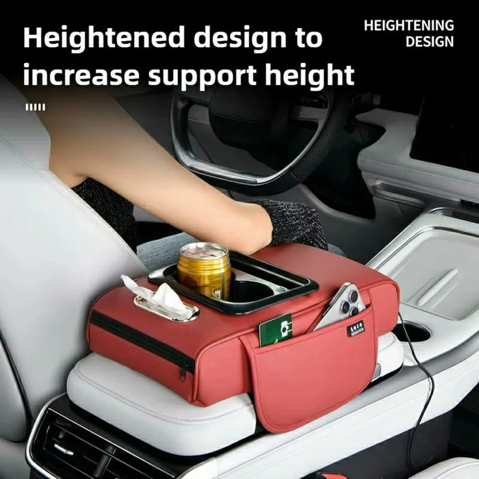 PU Leather Car Center Console Armrest Pad Heightened Cushion with Cup Holder and Charging Port - Red - 3