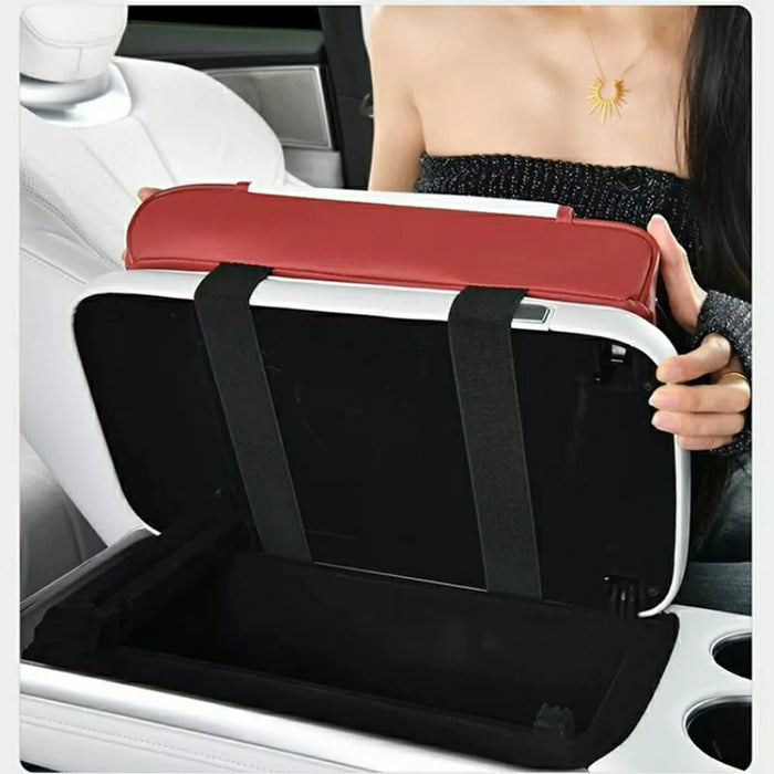 PU Leather Car Center Console Armrest Pad Heightened Cushion with Cup Holder and Charging Port - Red - 6