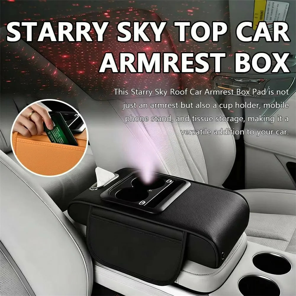 6 in 1 Starry Sky Projection Car Armrest Box Height Enhancement Cushion with Cup Holder Tissue Box and Charging Port - Coffee - 4