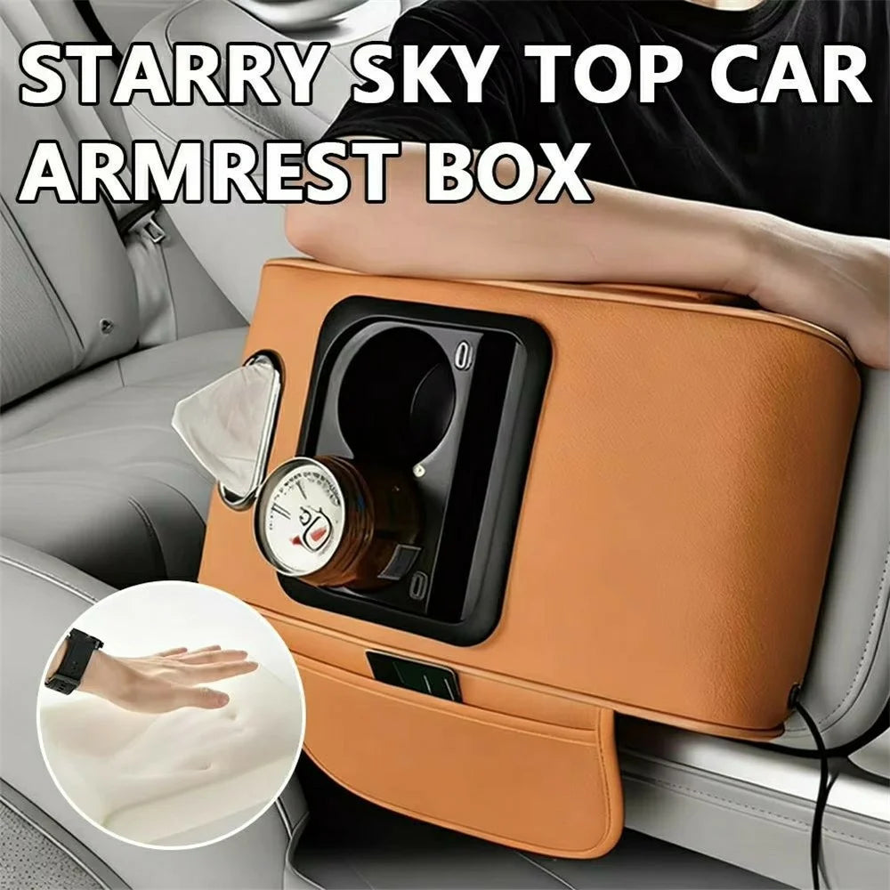 6 in 1 Starry Sky Projection Car Armrest Box Height Enhancement Cushion with Cup Holder Tissue Box and Charging Port - Coffee - 5
