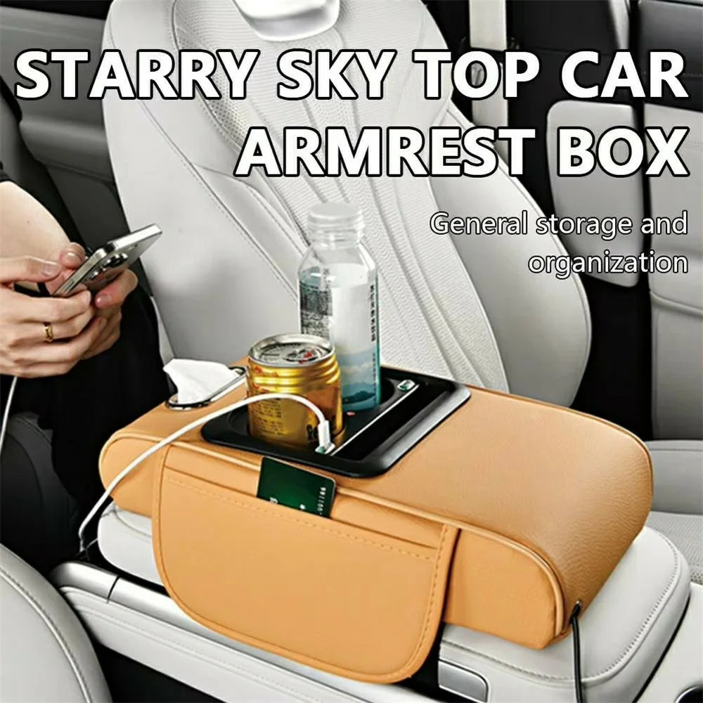 6 in 1 Starry Sky Projection Car Armrest Box Height Enhancement Cushion with Cup Holder Tissue Box and Charging Port - Coffee - 6