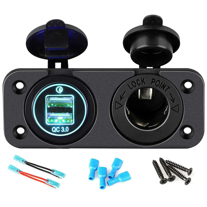 QC3.0 Dual USB Car Charger Panel with Cigarette Lighter Socket for 12V-24V RV Boat Motorcycle - Green - 1