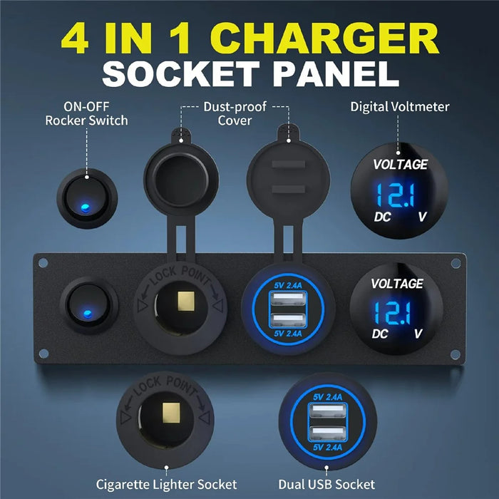 Dual USB Cigarette Lighter Socket Panel Digital Voltmeter with Switch for 12V-24V Marine Boat RV Truck - 2