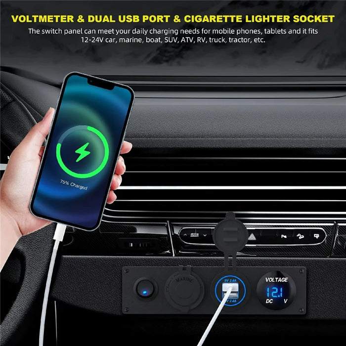 Dual USB Cigarette Lighter Socket Panel Digital Voltmeter with Switch for 12V-24V Marine Boat RV Truck - 5