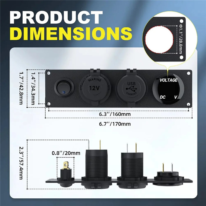 Dual USB Cigarette Lighter Socket Panel Digital Voltmeter with Switch for 12V-24V Marine Boat RV Truck - 6