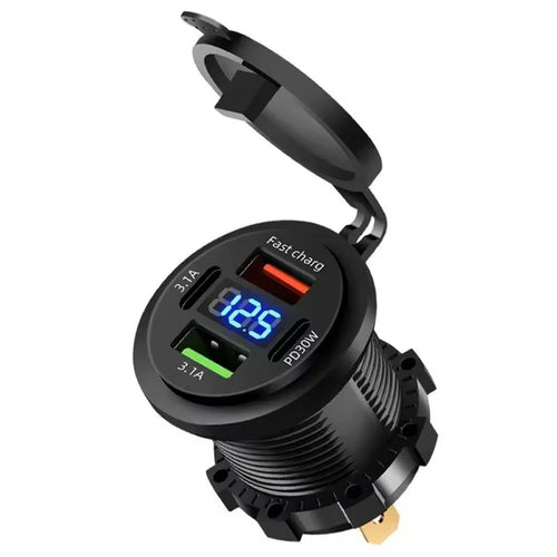 12V / 24V Car Charger Socket with Voltage Display QC3.0 22.5W USB-A + PD 30W USB-C 4 Ports Fast Charger for Boat Motorcycle Truck - 1
