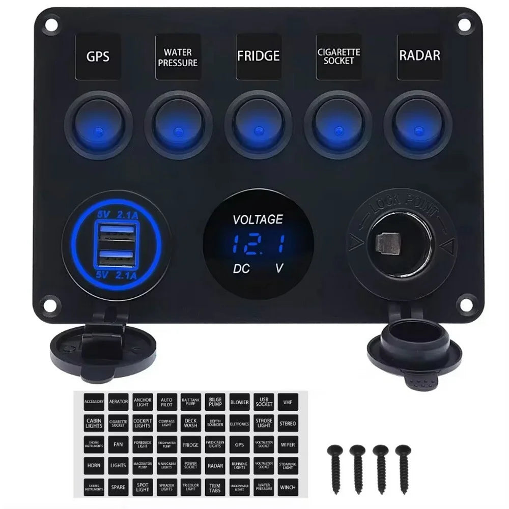 5 Gang Switch Panel with Voltmeter Dual USB Car Charger Cigarette Lighter Socket for RV Marine Boat - Blue - 1
