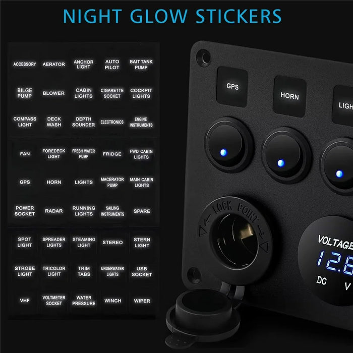 5 Gang Switch Panel with Voltmeter Dual USB Car Charger Cigarette Lighter Socket for RV Marine Boat - Blue - 3