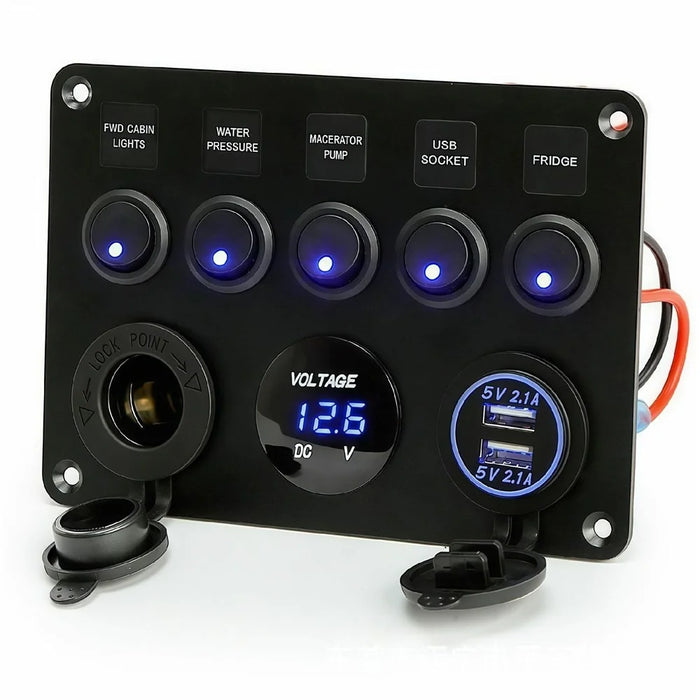 5 Gang Switch Panel with Voltmeter Dual USB Car Charger Cigarette Lighter Socket for RV Marine Boat - Blue - 5
