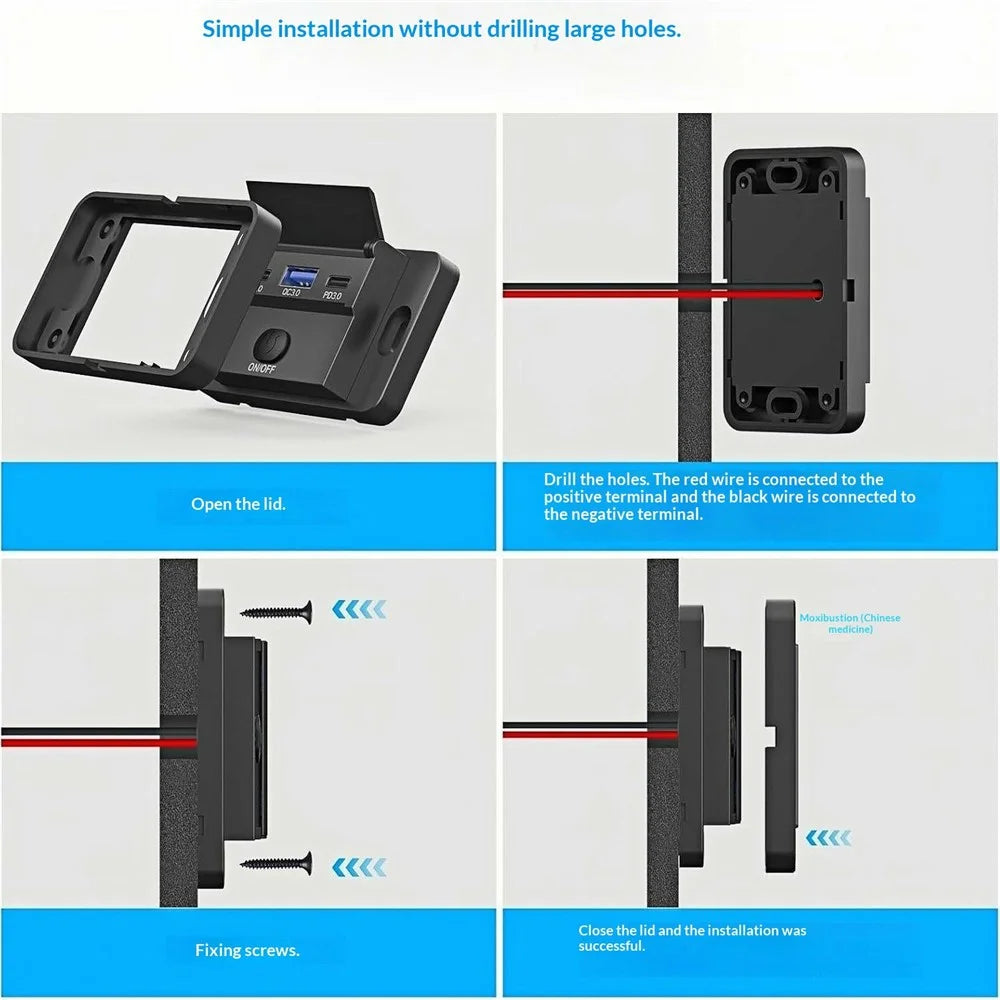 PD 3.0 30W USB-C + QC3.0 18W USB-A Fast Charging 3-Port Car Charger Panel Mount for RV Boat Truck - 5