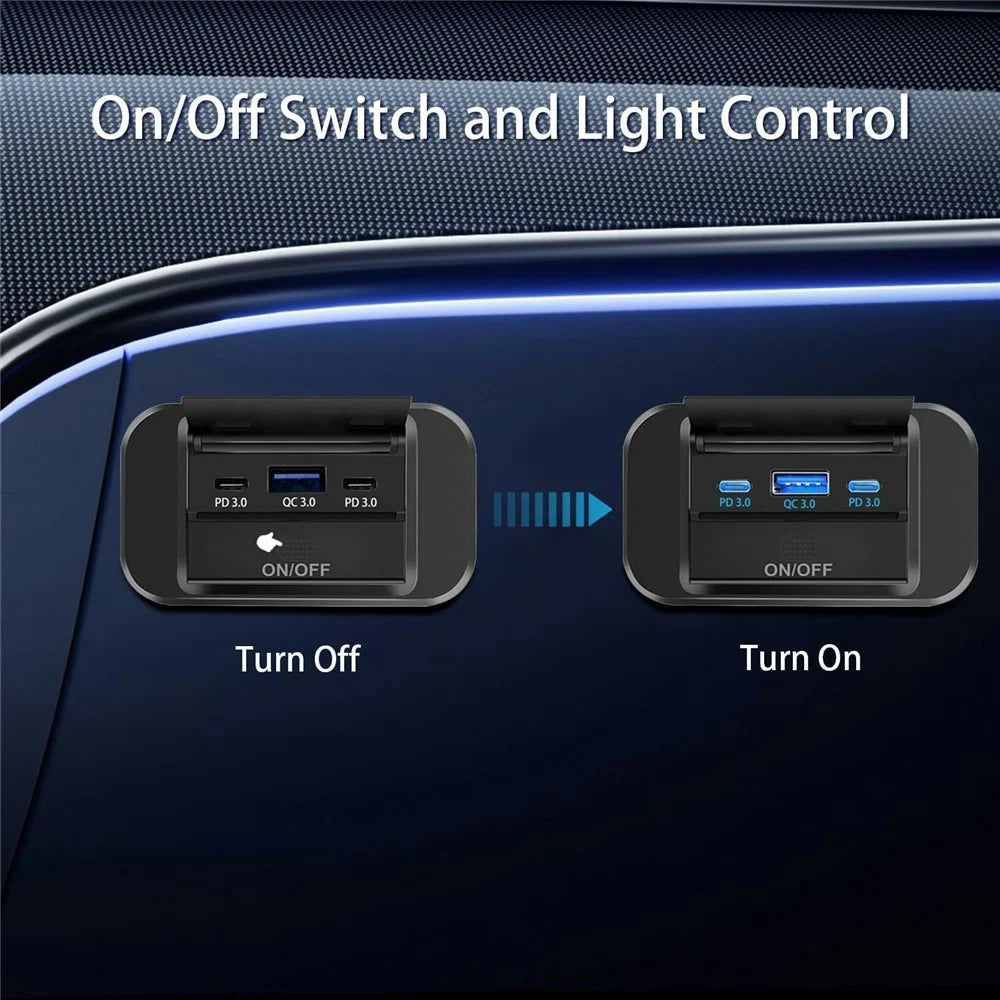 PD 3.0 30W USB-C + QC3.0 18W USB-A Fast Charging 3-Port Car Charger Panel Mount for RV Boat Truck - 6