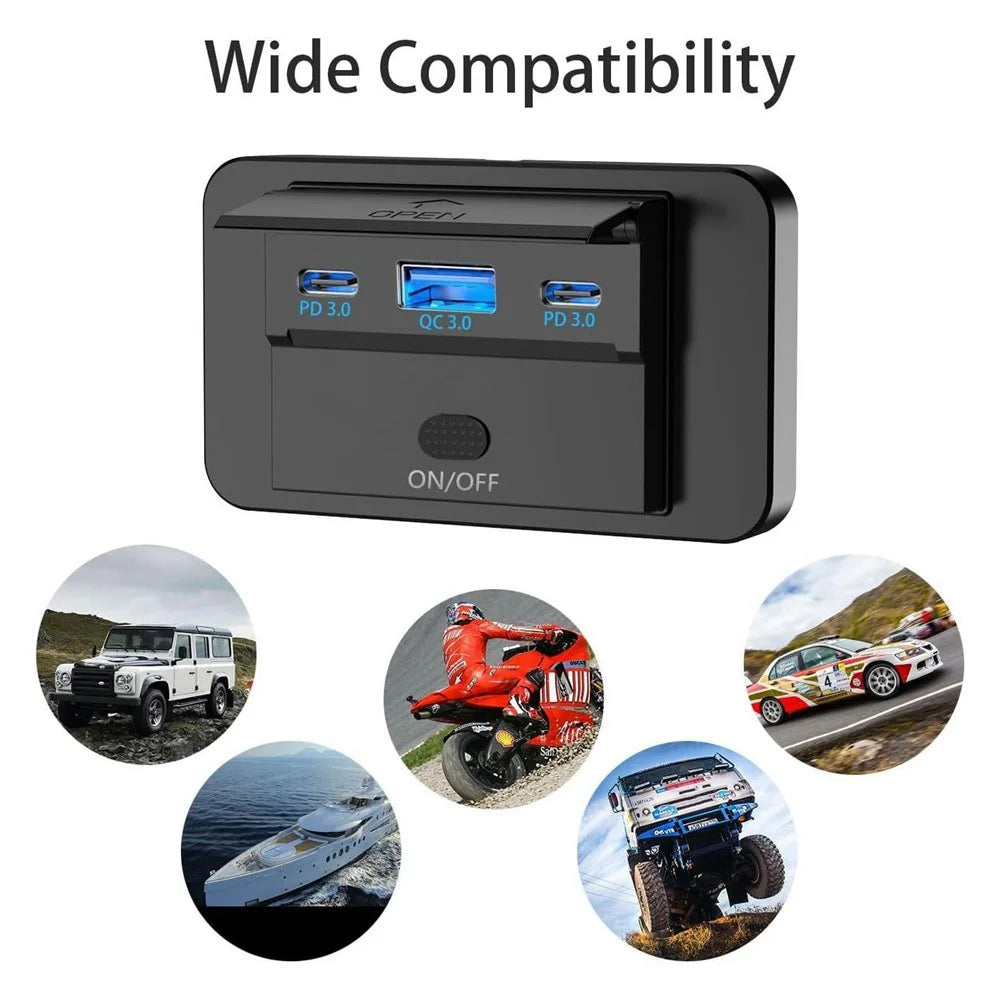 PD 3.0 30W USB-C + QC3.0 18W USB-A Fast Charging 3-Port Car Charger Panel Mount for RV Boat Truck - 7