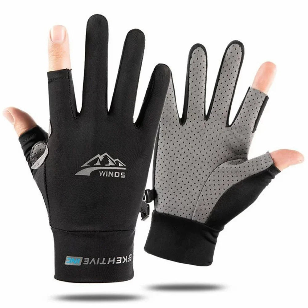 WINDS 1 Pair Two-Finger Exposed Ice Silk Outdoor Gloves Anti-Slip Breathable Gloves for Cycling Fishing Sports - M Size - 1