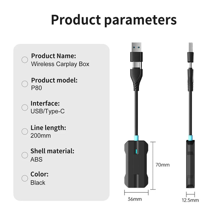 LEMORELE P80 USB / Type-C Wired to Wireless CarPlay Box Bluetooth-compatible WiFi Android Auto Converter - Black - 7