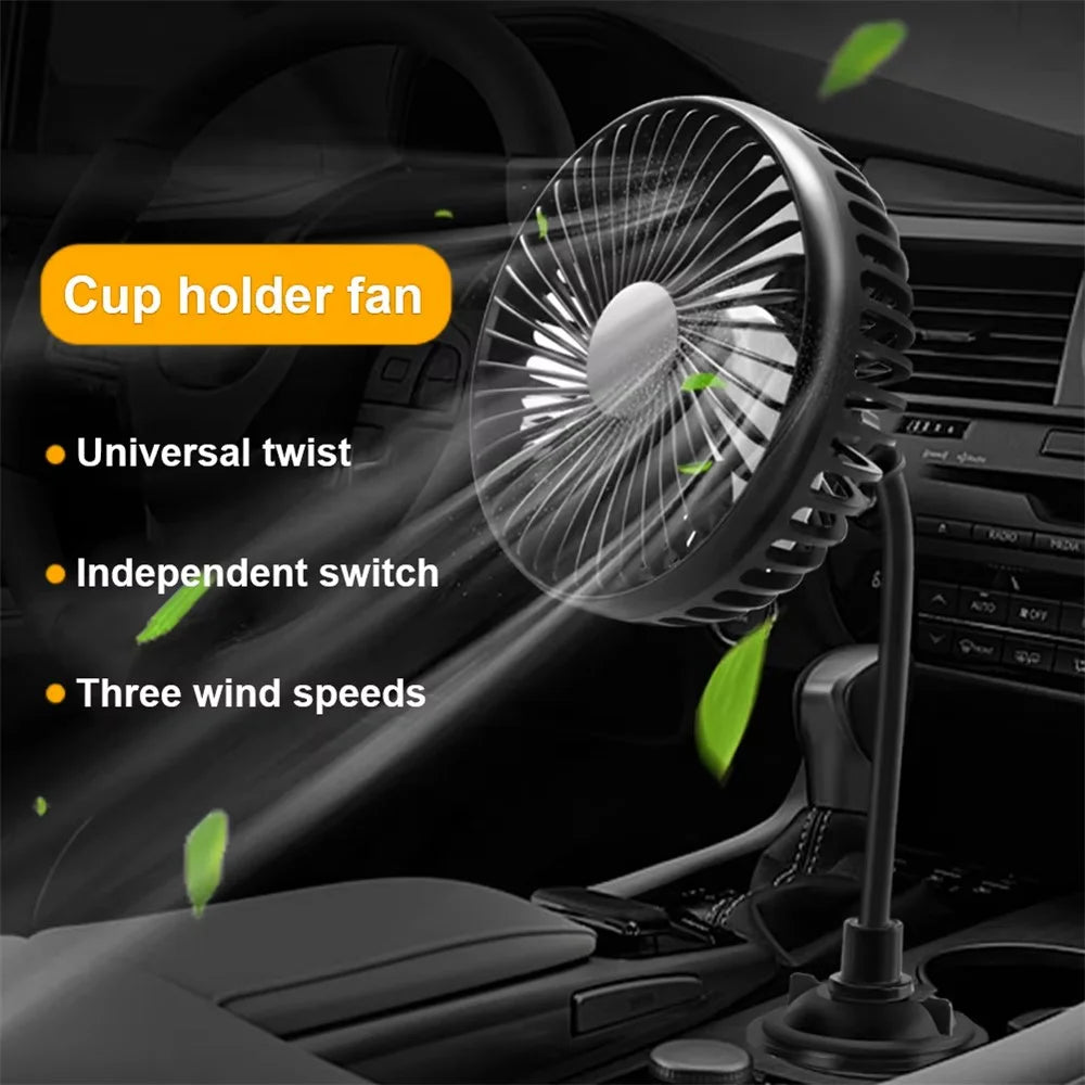 Car Cup Holder Mount USB Powered Fan 3-Speed Adjustable Silent Cooling Fan for Truck SUV - Black - 3