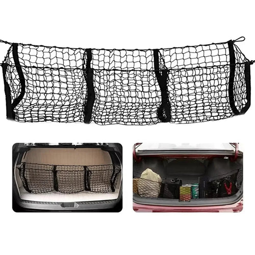 110x30cm Truck Cargo Net Organizer Mesh Storage Bag 3 Pockets Trunk Organizer for SUV Pickup Bed - Black - 1