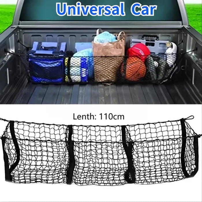 110x30cm Truck Cargo Net Organizer Mesh Storage Bag 3 Pockets Trunk Organizer for SUV Pickup Bed - Black - 2