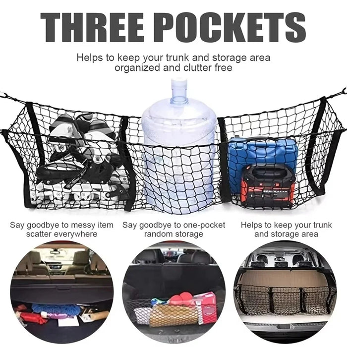110x30cm Truck Cargo Net Organizer Mesh Storage Bag 3 Pockets Trunk Organizer for SUV Pickup Bed - Black - 3