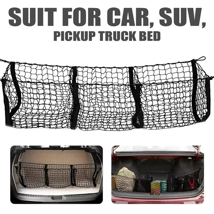 110x30cm Truck Cargo Net Organizer Mesh Storage Bag 3 Pockets Trunk Organizer for SUV Pickup Bed - Black - 6