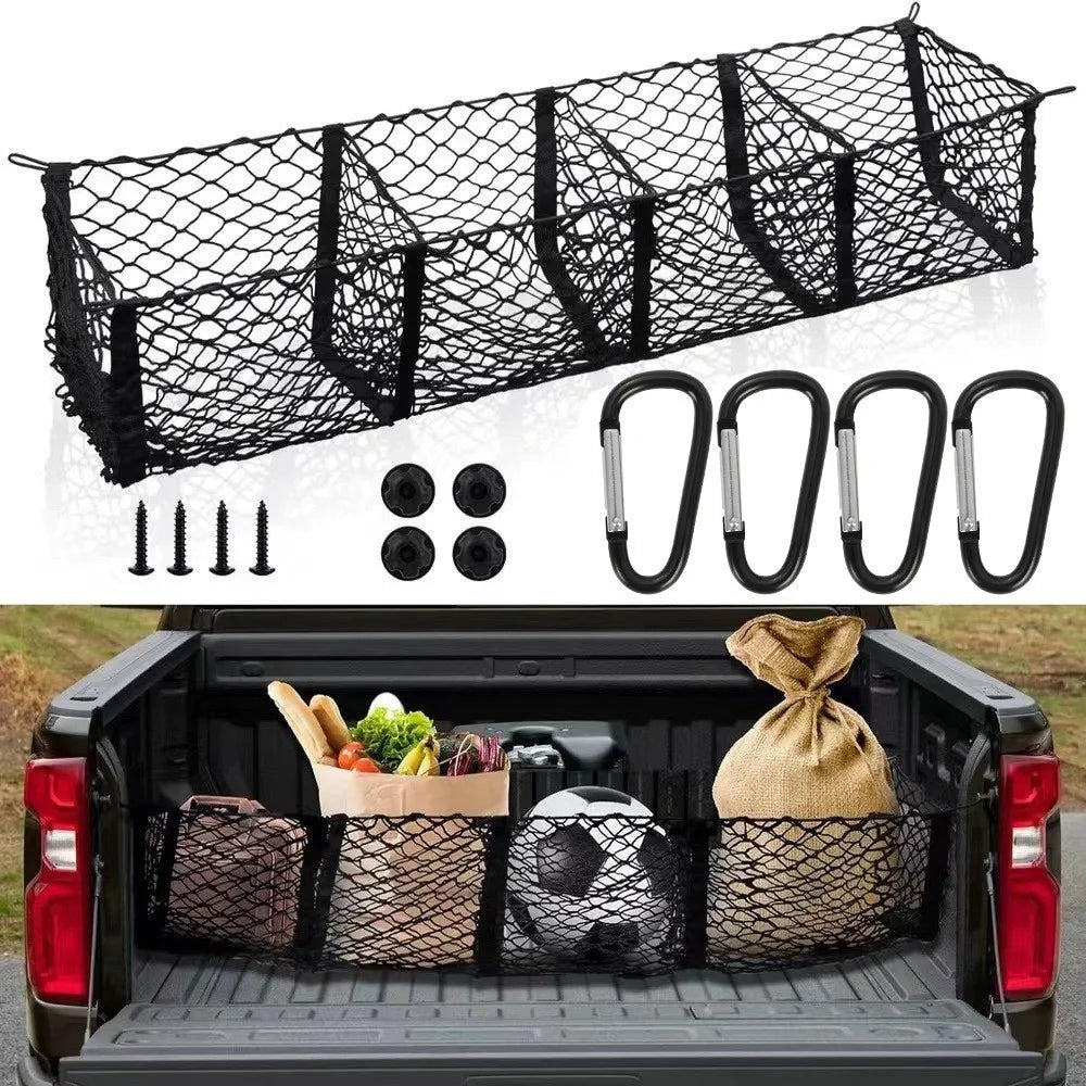 130x30cm Truck Cargo Net Organizer Mesh Storage Bag 4 Pockets Trunk Organizer for SUV Pickup Bed - Black - 2