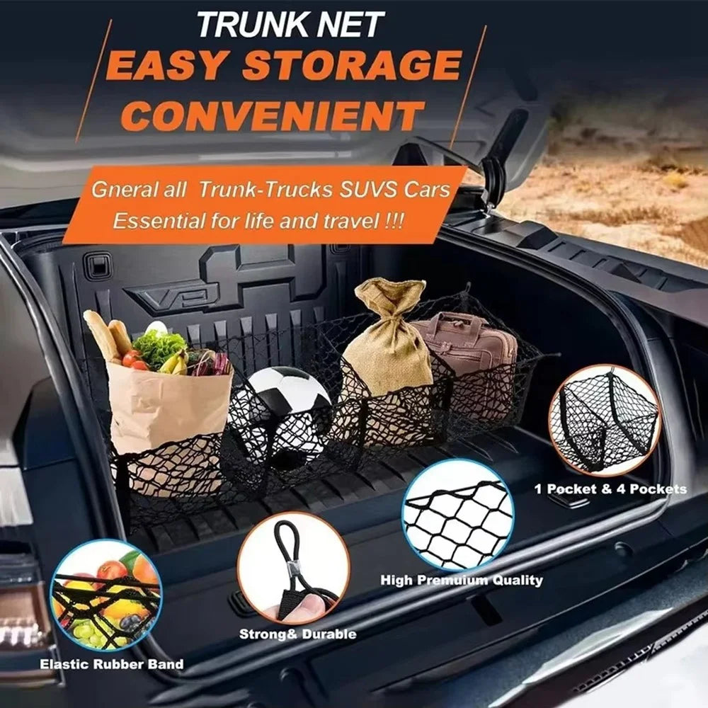 130x30cm Truck Cargo Net Organizer Mesh Storage Bag 4 Pockets Trunk Organizer for SUV Pickup Bed - Black - 3