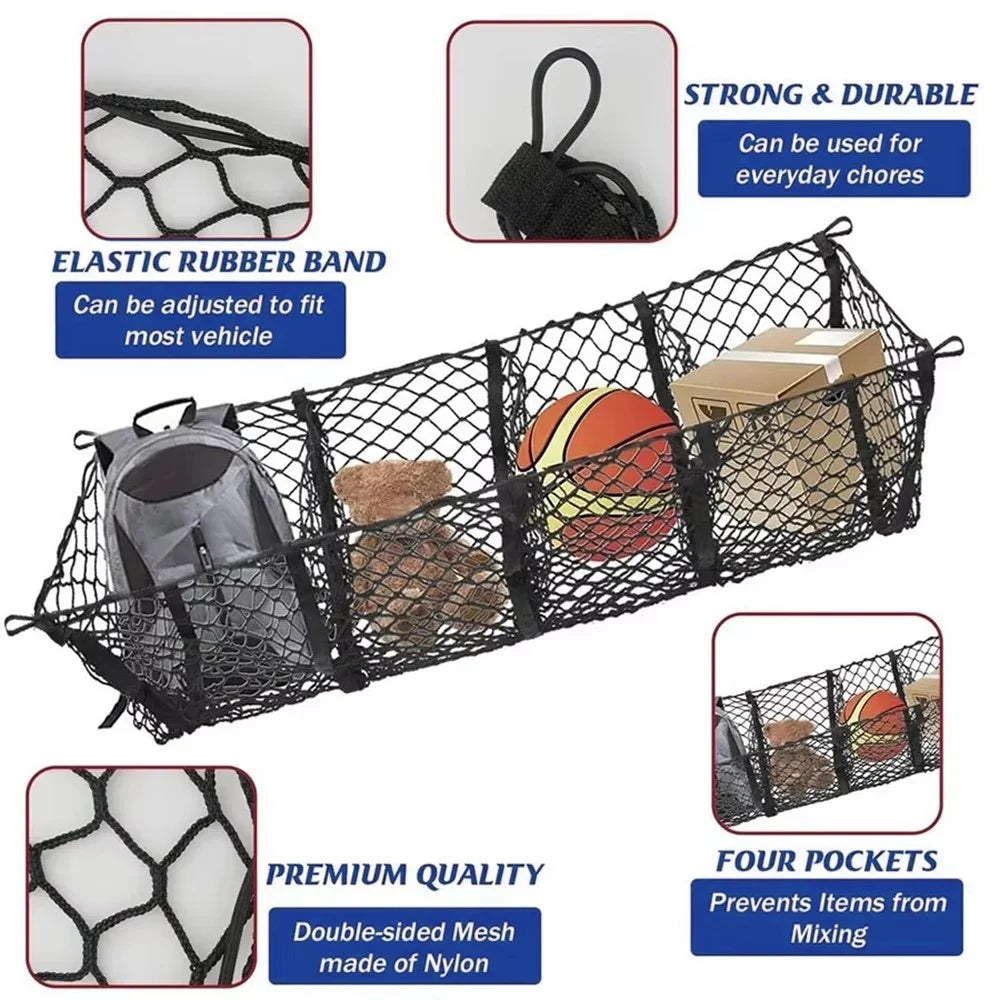130x30cm Truck Cargo Net Organizer Mesh Storage Bag 4 Pockets Trunk Organizer for SUV Pickup Bed - Black - 4