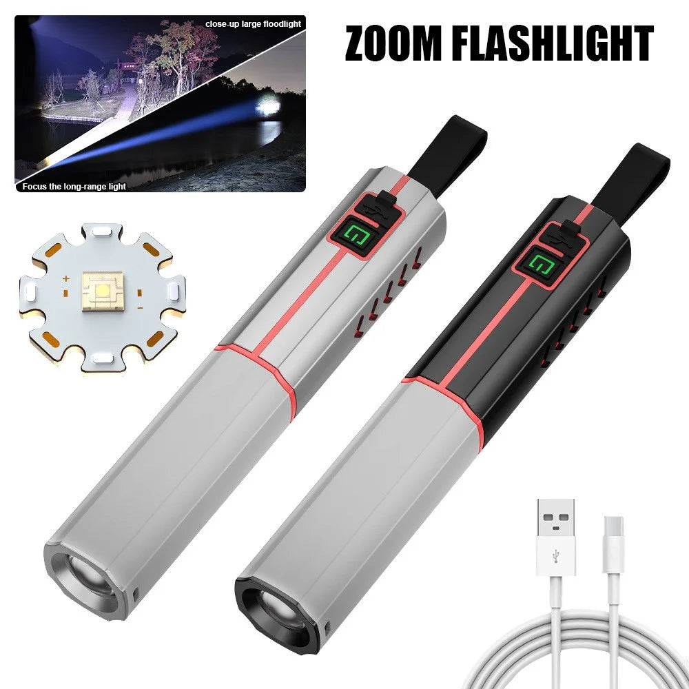 LED Flashlight Telescopic Zoom Rechargeable Type-C 3 Modes White Light Flashlight for Home Camping Outdoor Emergency - Black - 3