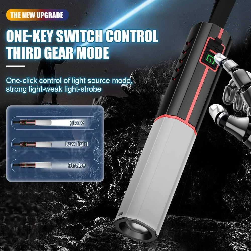LED Flashlight Telescopic Zoom Rechargeable Type-C 3 Modes White Light Flashlight for Home Camping Outdoor Emergency - Black - 4