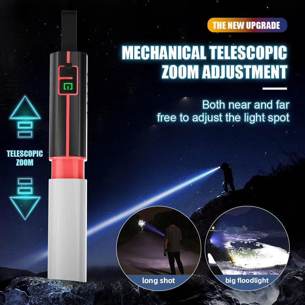 LED Flashlight Telescopic Zoom Rechargeable Type-C 3 Modes White Light Flashlight for Home Camping Outdoor Emergency - Black - 5