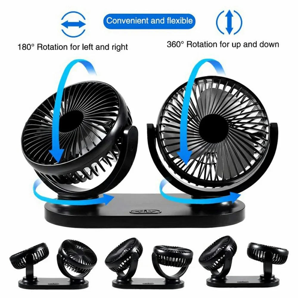12V / 24V Car USB Fan 360 Degree Rotatable 3-Speed Adjustable Dual Head Desktop Silent Fan for Dashboard - Black - 2
